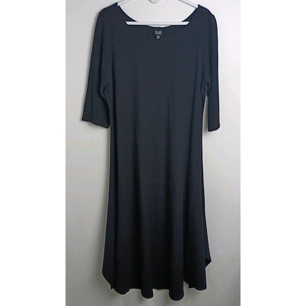 EILEEN FISHER Wool Crepe Midi Dress Black Handkerchief Hem Knit Pullover Sz XL